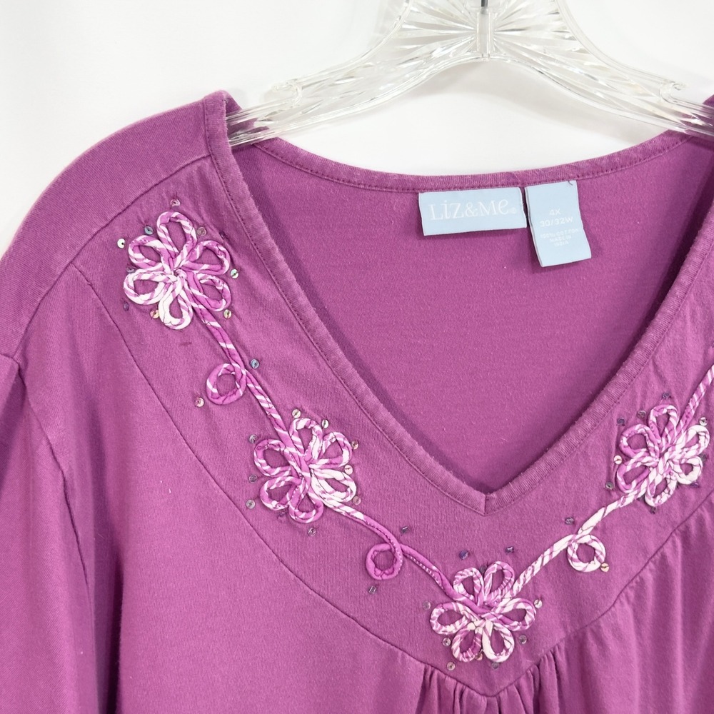 Liz & Me Plus Size 30W 32W Top 4X Purple Floral Top V Neck Short Sleeve 350 - Picture 5 of 7